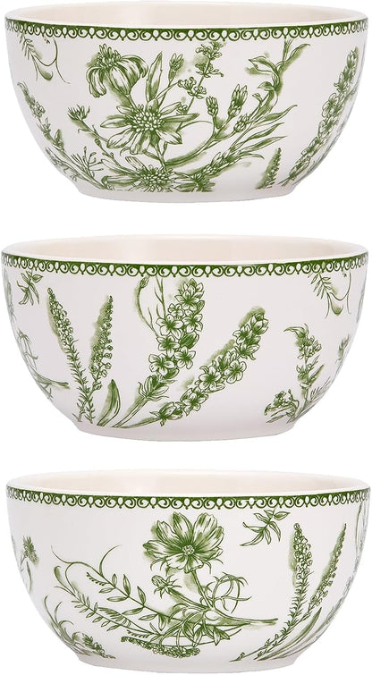 Bico Green Garden Toile De Jouy Cereal Bowls Set of 4, 26 oz Deep Ceramic Soup - Image 3
