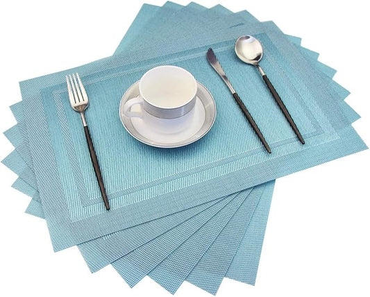 PIGCHCY Heat Insulation Non Slip Plastic Placemats,Washable Easy to Clean Woven Vinyl Kitchen Stain Resistant Placemats for Dining Table Set of 6 (Sky Blue)