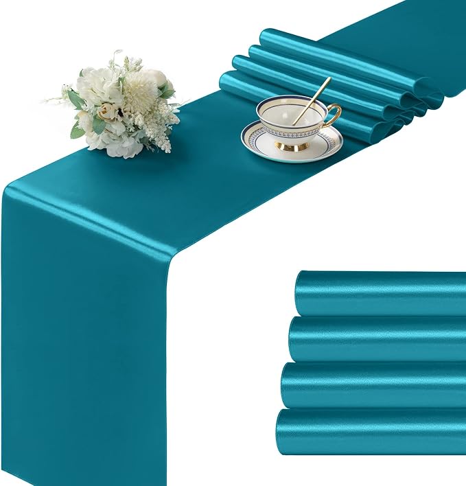 Manyshofu Teal Blue Satin Table Runner 12x72 by Manyshofu
