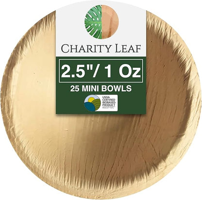 Charity Leaf Disposable Palm Leaf 2.5" Round Mini Bowl (25 pcs) Dipping Bowls | Bamboo Like| All Natural and Biodegradable | Charcuterie Boards, BBQs, and Parties