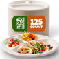 Compostable 3-Compartment Paper Plates, 125 Count, 10 Inch, Heavy Duty Disposable Divided Lunch Trays, Biodegradable Bagasse Sectional Plates for Buffet, Parties, Events & Daily Use, (Nature)