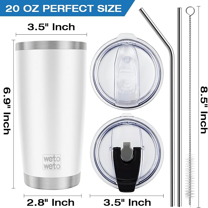 WETOWETO 20oz Tumbler with 2 lids and 2 straws, Stainless Steel Vacuum - Image 3