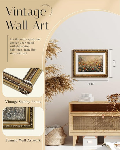 InSimSea Retro Gold Framed Wall Art, Vintage Nature Landscape Flower Wildflower Canvas Print Home Wall Decor, Landscape Farmhouse Decor, Antique Picture Frame Retro Paintings, 11x14 Inch