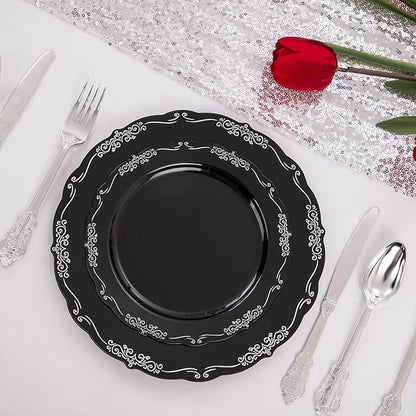 DaYammi 150 Pcs Black Silver Plastic Plates & Silver Plastic Silverware,Black silver Disposable plates for Include 30 Dinner Plate,30 Dessert Plate,30 Knives,30 Forks,30 Spoons for Party Wedding