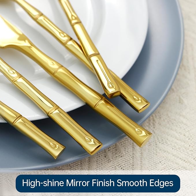 Gold Silverware Set 40-Piece Bamboo Pattern Service - Image 4