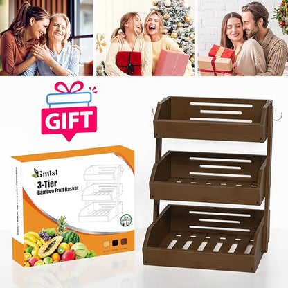 Bamboo Fruit Basket for Kitchen–3 Tier Fruit Bowl For Kitchen Counter, Large Fruit Holder With 2 Banana Hangers, Idea For Fruit and Vegetable Storage, Bread Basket, Snack Organizer(WALNUT)