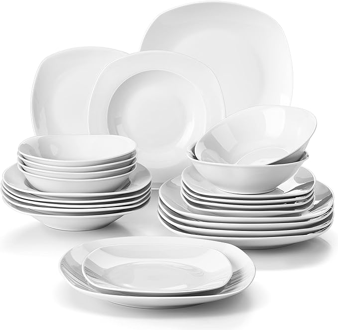 MALACASA Dinnerware Sets, 24-Piece Porcelain Square Dishes, Chip and Scratch by MALACASA
