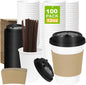100 Pack 12 oz Disposable Coffee Cups with Lids and Sleeves, Leak-Proof To Go Coffee Cups, PLA White Paper Coffee Cups for Hot Beverage