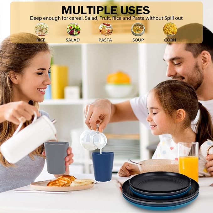 Rubtlamp 16Pcs Plastic Wheat Straw Dinnerware Set, Reusable Plastic Dishes Set - Image 6
