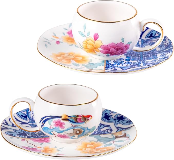 KAMMAK Tea Cups and Saucers Set of 2, Fine Bone China Coffee Cups, GH015 | by KAMMAK