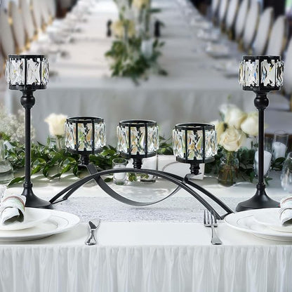 Black Set of 3 Crystal Candle Holders Arched - Elegant Tabletop Candelabra Centerpiece for Weddings, Dining Room Decor, Modern Home & Cabinet Display Housewarming