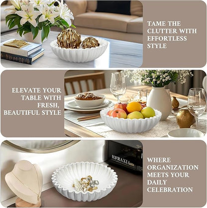 MAONAME Concrete Decorative Bowl, White Fruit Bowl for Kitchen Counter, Modern Handicraft Coffee Table Key Bowls, Large Scalloped Ruffle Bowls for Entryway, Home Decor