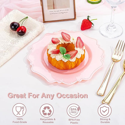 COLOSUS 60pcs Pink Plastic Dessert Plates - 7.5 Inch- Heavy Duty Disposable Plastic Appetizer/Salad/Cake Plates for Party Wedding and Everyday Use,Valentine's Day