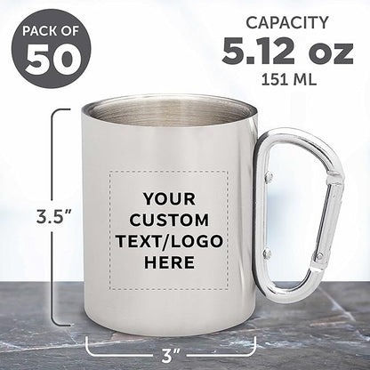 Custom Stainless Steel Mugs with Carabiner Handle 10 oz. Set of 50, Personalized Bulk Pack - Perfect for Coffee, Soda, Other Hot & Cold Beverages - Silver