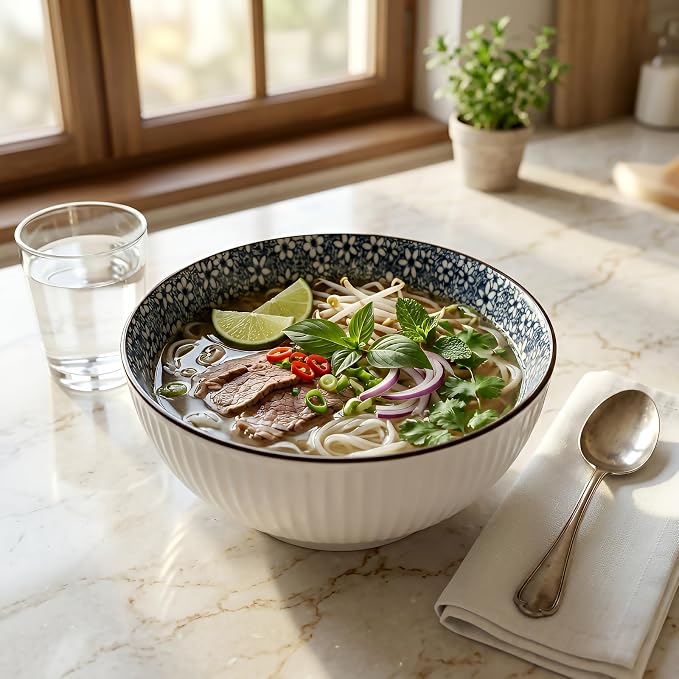 QINLANG Large Soup Bowls, Pho & Ramen Set of 3, 60 oz Blue & White Porcelain - Image 3