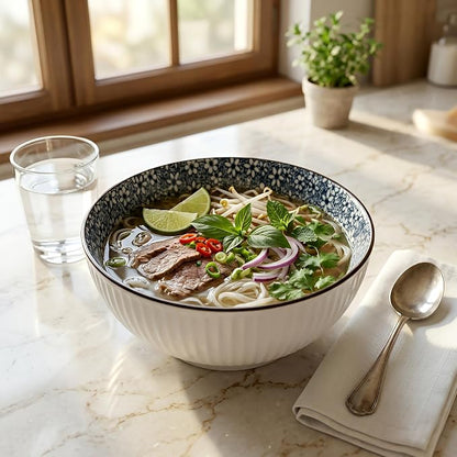 QINLANG Large Soup Bowls, Pho & Ramen Set of 3, 60 oz Blue & White Porcelain - Image 3