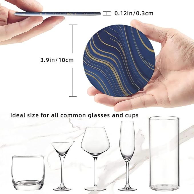 6 Pcs Abstract Geometric Navy Blue Marble Gold Stripes Leather Coasters - Image 8