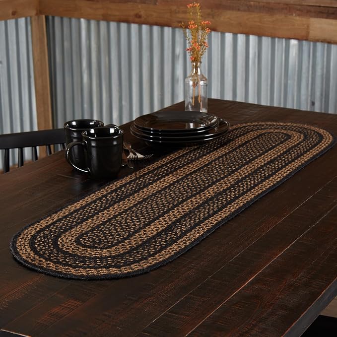 VHC Brands Farmhouse Primitive Jute Black Striped Oval Table Runner Decor by VHCBrands