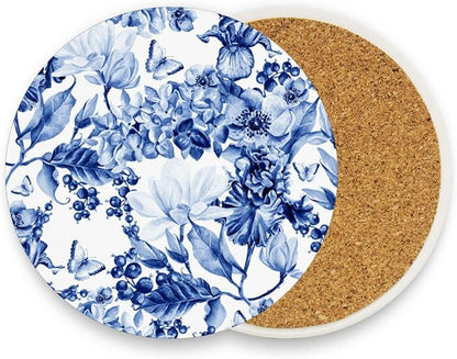 Coasters for Drinks Cup Coaster Mat Round Cups Cork Backing Pad for Coffee Table Desk Home Decor Blue White Flowers Butterfly