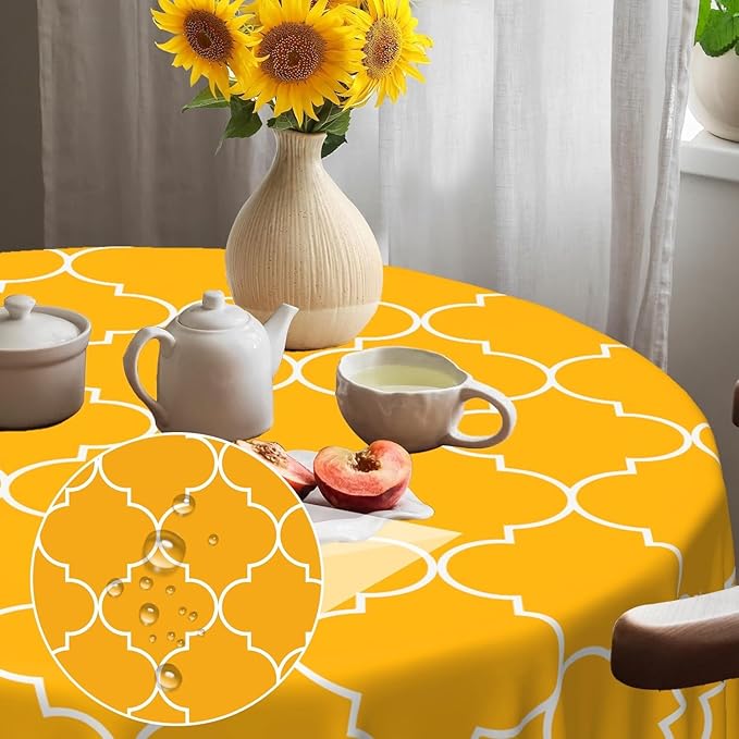 Laeacco 42 Inch Morocco Round Tablecloth Orange Geometric Lattice Modern Abstract Art Print Table Cloth Washable Waterproof Wrinkle Free Table Cover for Kitchen Dining Picnic Party Decoration