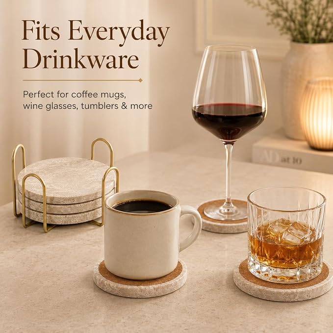 Travertine Coasters with Gold Holder, Cork Backing | Real travertine coasters - Image 6