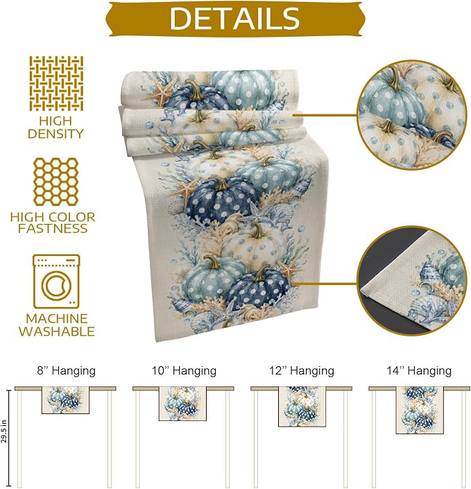 Blue Pumpkins Table Runners 72 Inches Long, Fall Thanksgiving Cotton Linen - Image 5