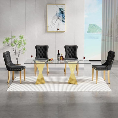 5 Piece Glass Dining Table Set,70" Dinner Room Glass Table Set for 4,Modern Kitchen Dinner Table Set with Stainless Steel Base and 4 Upholstered Velvet Dining Chairs for Living Dining Room