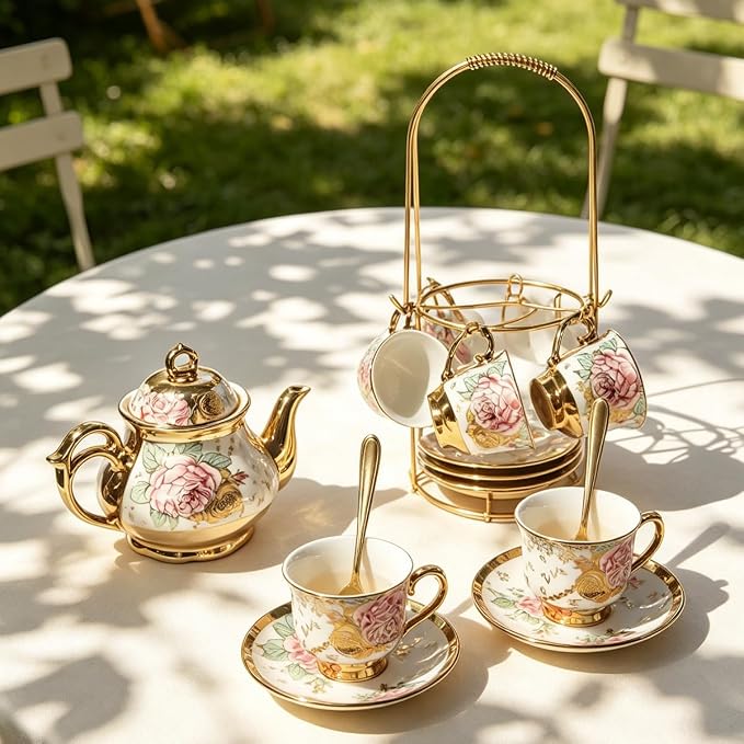CHANJOON Gold Plated Red Rose Ceramic Tea Set, Vintage Tea Sets - Image 4