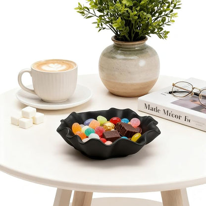 Small Black Ceramic Decorative Bowl, Modern Home Decor Centerpiece 7.8 Inches Key Jewelry Ruffle Fluted Scalloped Bowl with Wavy Edge