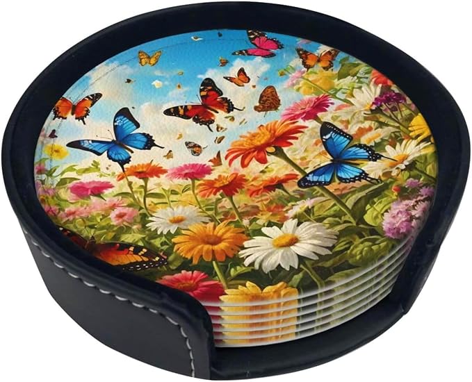 Drink Coasters with Holder Stand Set of 6, Bright Flower Butterfly Pu Leather - Image 6