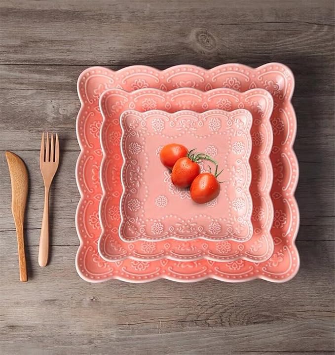 YBKTEX Ceramic Plate, Square Embossed Lace Plate - Image 7