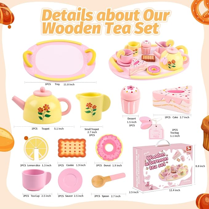 Tea Party Set Wooden Tea Sets for Toddlers 3-5 Little Girls 4-6 6-8 Kids | Kids - Image 2
