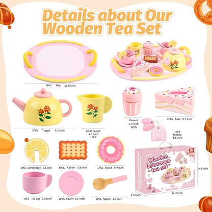 Tea Party Set Wooden Tea Sets for Toddlers 3-5 Little Girls 4-6 6-8 Kids | Kids - Image 2