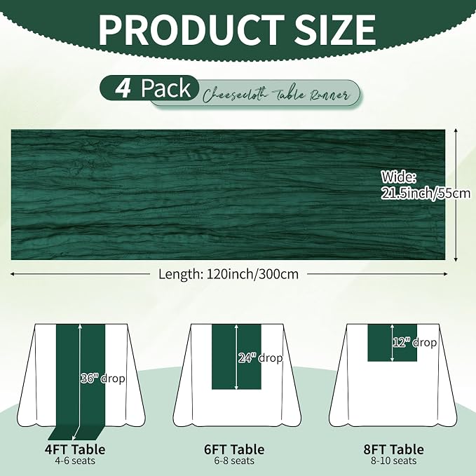 4 Pack Pack Dark Green Cheesecloth Table Runner 10Ft, Christmas Table Runner - Image 2