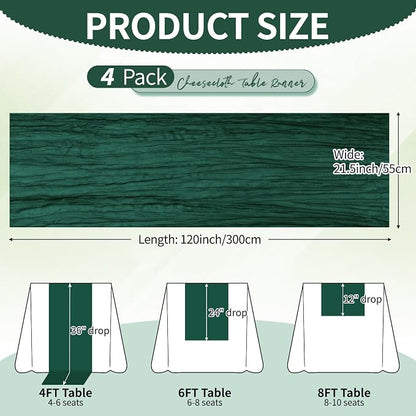 4 Pack Pack Dark Green Cheesecloth Table Runner 10Ft, Christmas Table Runner - Image 2
