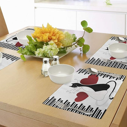 Ambesonne Cats Place Mats Set of 4, Romantic Kittens Pets Couple 2 Tails Hearts and Black Stripes Animals in Love, Washable Fabric Placemats for Dining Table, Standard Size, White and Black