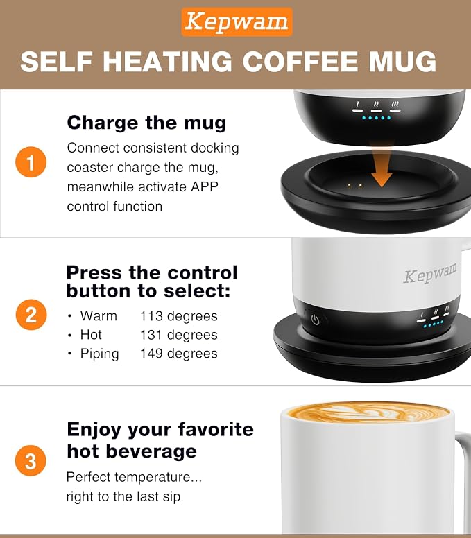 Kepwam Self-Heating Coffee Mug T1, 16oz Rechargeable Heated Coffee Mug - Image 3