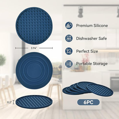Coasters for Drinks, Silicone Coasters Set of 6 with ABS Holder, Outdoor Coaster for Coffee Table, Non-Slip Rubber Table Cup Mat Desk, Heat Resistant & Scratch-Proof (Navy Blue)