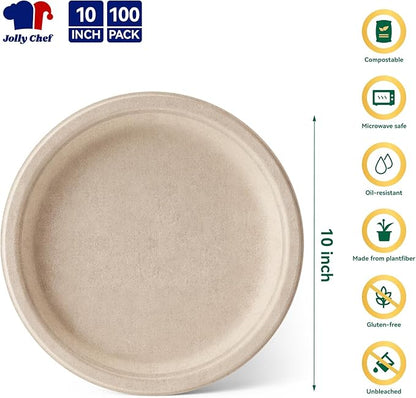 JOLLY CHEF Compostable Heavy Duty Plates 𝟭𝟬 𝗜𝗻𝗰𝗵 [𝟭𝟬𝟬 𝗣𝗮𝗰𝗸] Eco-Friendly Disposable Natural Paper Plate Bagasse Biodegradable Food Trays for Party Dinner Hot Cold Food Christmas (Brown)