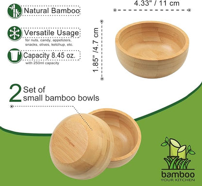 Soup Bowls Set of 2 for Dessert/Cereal/Pasta/Fruit | Natural Bamboo Serving Bowls for Nuts/Candy/Snacks/Pistachio | Charcuterie Accessories for Dipping/Condiments/Sauce | 8.45 oz Capacity