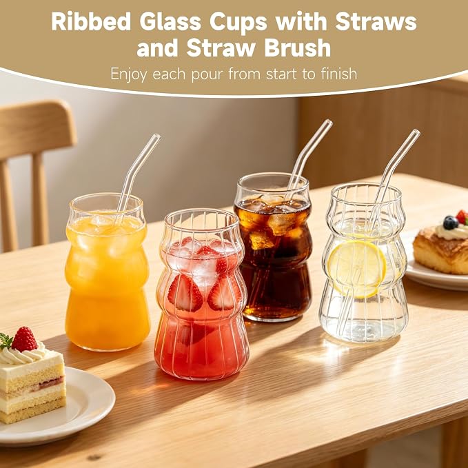 4 Pcs Ribbed Glass Cups Set - Image 2
