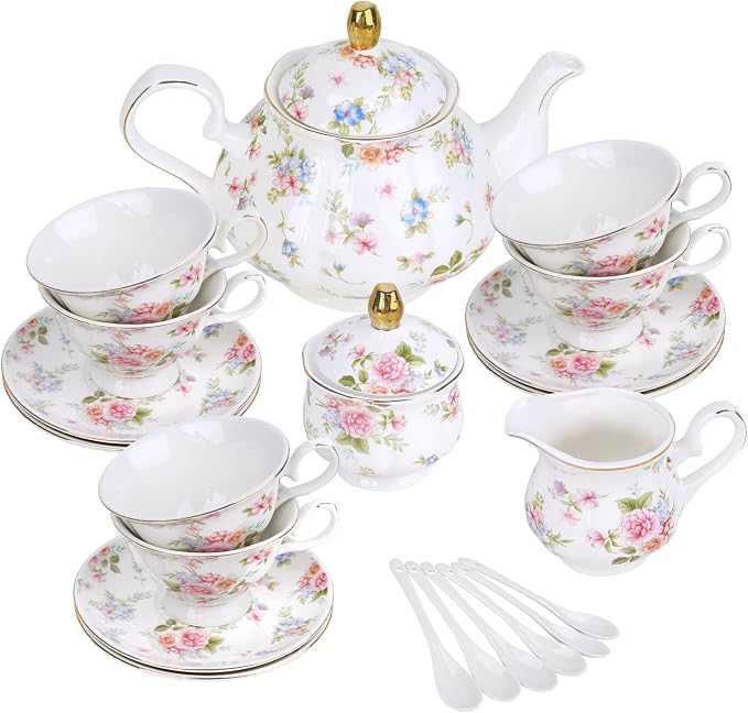 fanquare 21 Pieces Pink Blue Floral Porcelain Tea Set by fanquare