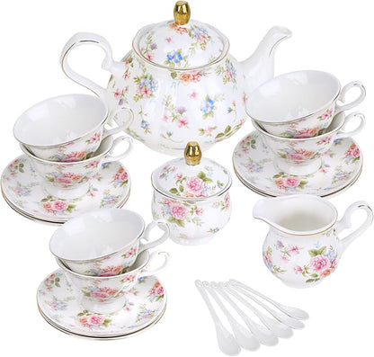 fanquare 21 Pieces Pink Blue Floral Porcelain Tea Set by fanquare