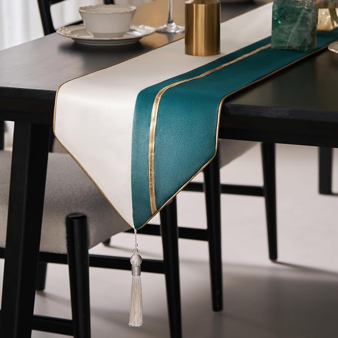 Avigers Table Runner 12 x 90 Inch, Emerald Green White, Tassels | Faux Silk by Avigers
