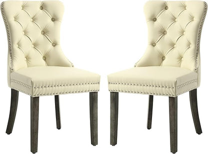 KCC Faux Leather Dining Chairs Set of 2, Upholstered High-end Tufted Dining Room Chair with Nailhead Back Ring Pull Trim Solid Wood Legs, Contemporary Nikki Collection Modern Style for Kitchen, Beige