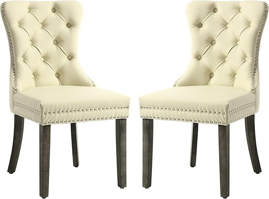 KCC Faux Leather Dining Chairs Set of 2, Upholstered High-end Tufted Dining Room Chair with Nailhead Back Ring Pull Trim Solid Wood Legs, Contemporary Nikki Collection Modern Style for Kitchen, Beige