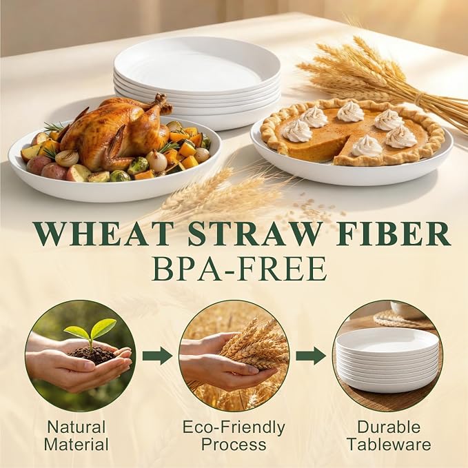Wheat Straw Plates 11 Inch, Unbreakable & Reusable Plastic Plates Set of 8 - Image 3