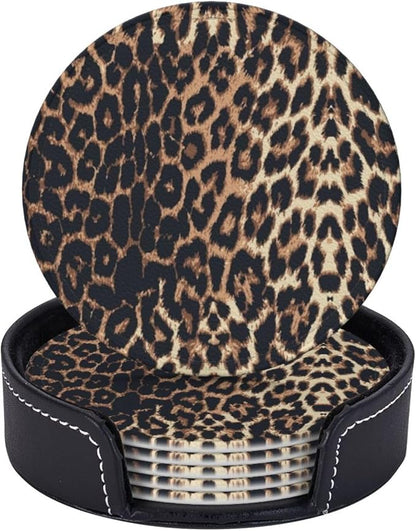 Brown and Black Leopard Texture Spots Premium Leather Coasters by LRCCJS