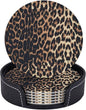 Brown and Black Leopard Texture Spots Premium Leather Coasters by LRCCJS