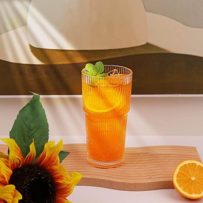 Set of 6 Oversize Ribbed Glassware, 20oz Vintage Clear Glass Tumbler, Large - Image 6